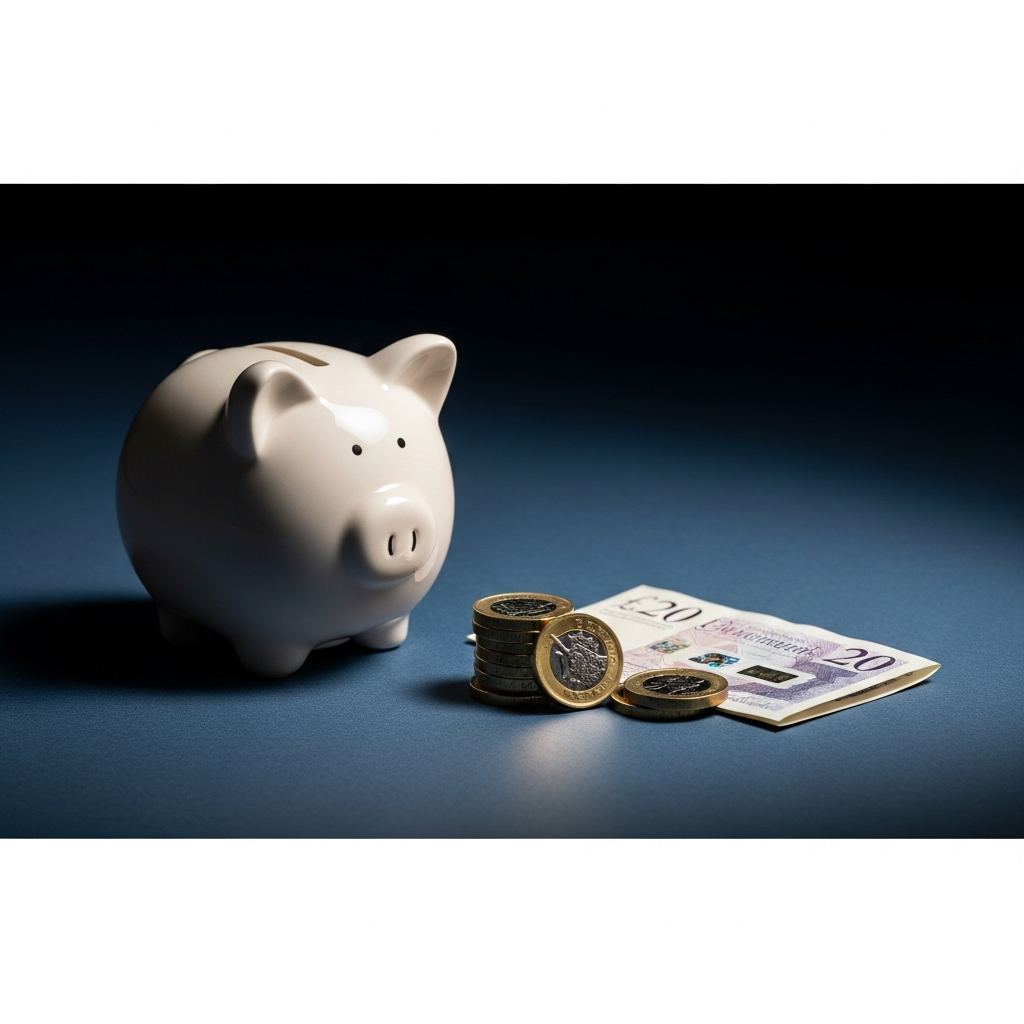 ISA market intelligence: a classic piggy bank, British pound coins and a twenty pound note on a navy surface